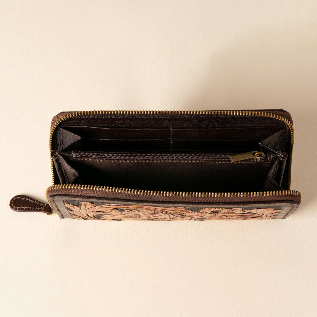 Hand-tooled leather zip-around wallet with cognac floral scrollwork on black leather, photo 7