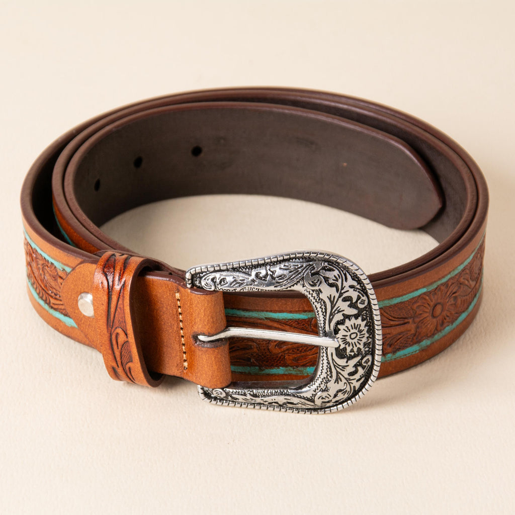 Hand-tooled leather western belt with floral design, turquoise pinstripe and silver buckle, photo 3