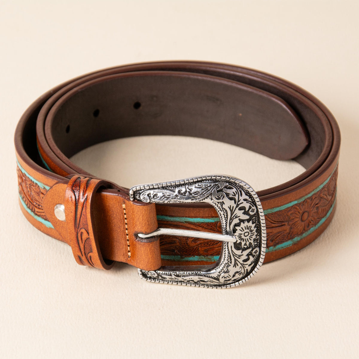 Hand-tooled leather western belt with floral design, turquoise pinstripe and silver buckle, photo 3