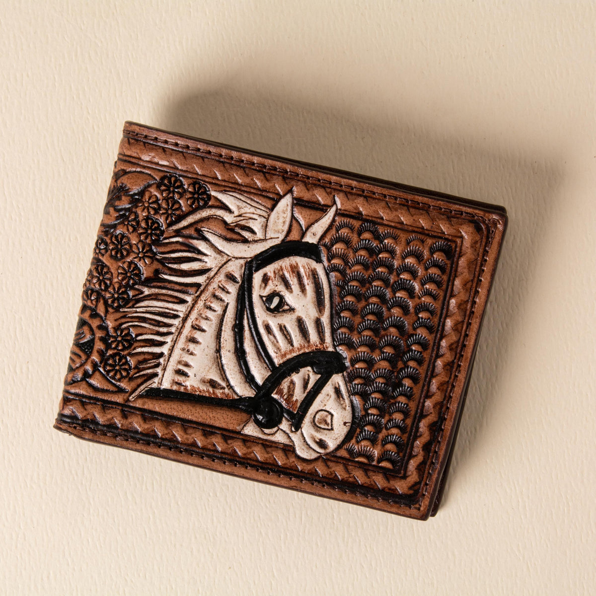 Hand-tooled leather bifold wallet with horse head centerpiece and basket-weave stamping, photo 3
