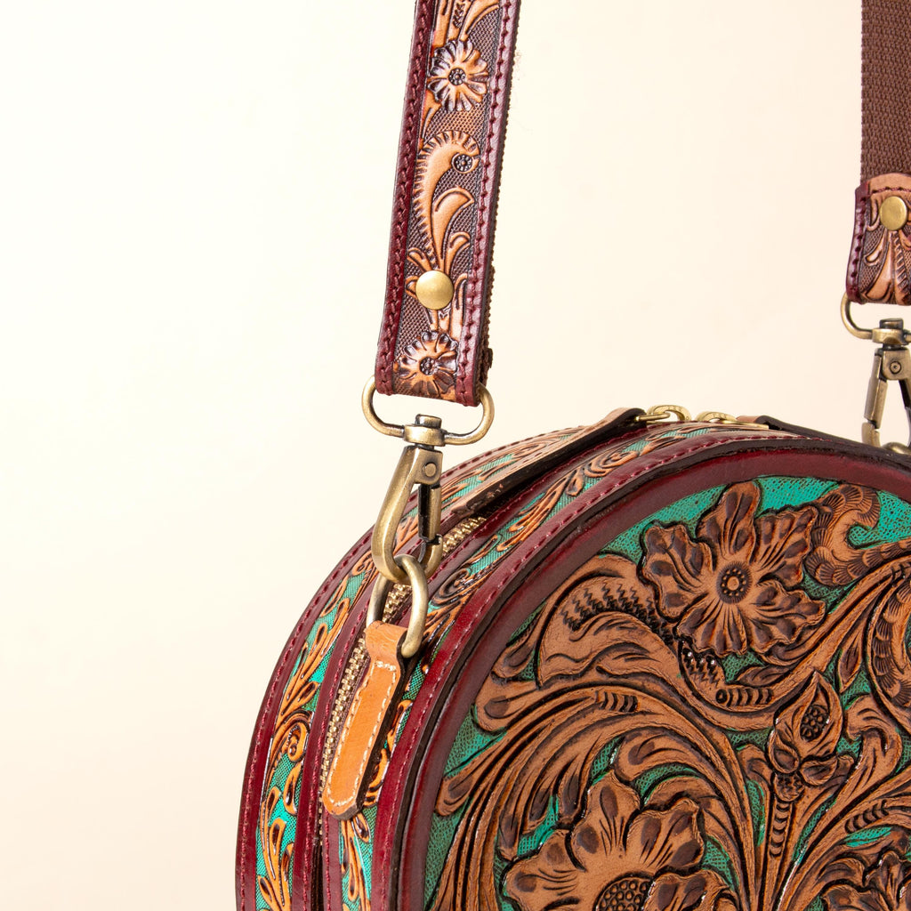 Hand-tooled leather round canteen crossbody bag with turquoise floral scrollwork, photo 6
