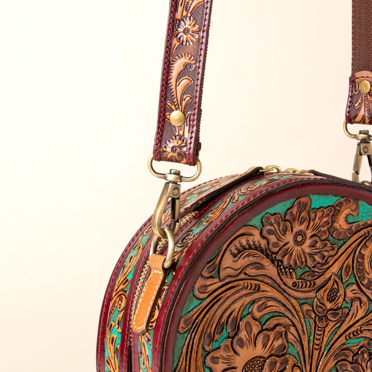 Hand-tooled leather round canteen crossbody bag with turquoise floral scrollwork, photo 6