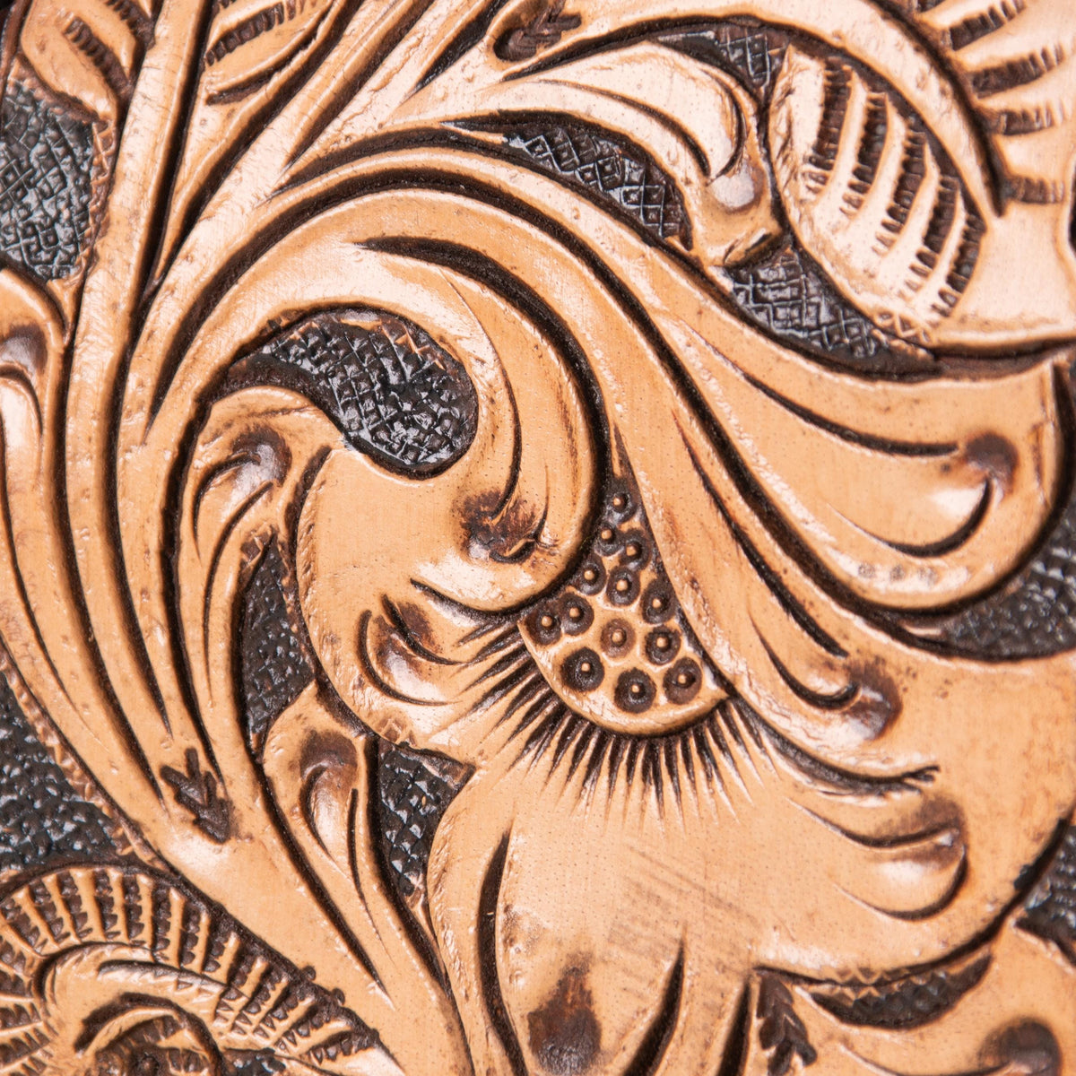 Hand-tooled leather phone bag with western floral design and gold-tone chain strap, photo 9