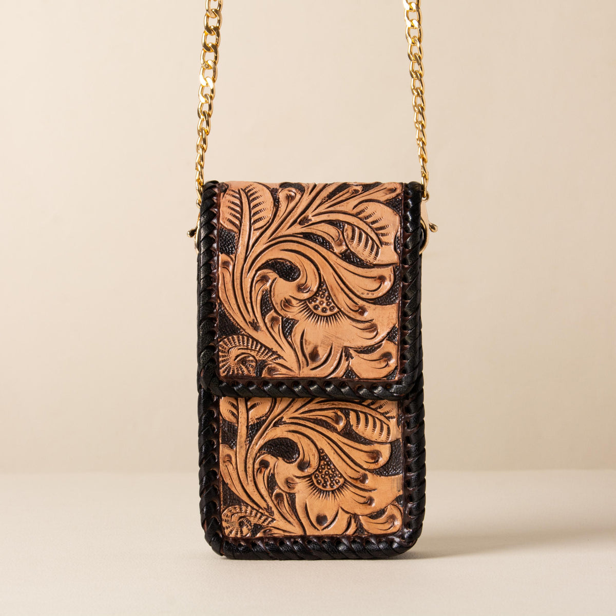 Hand-tooled leather phone bag with western floral design and gold-tone chain strap, photo 3
