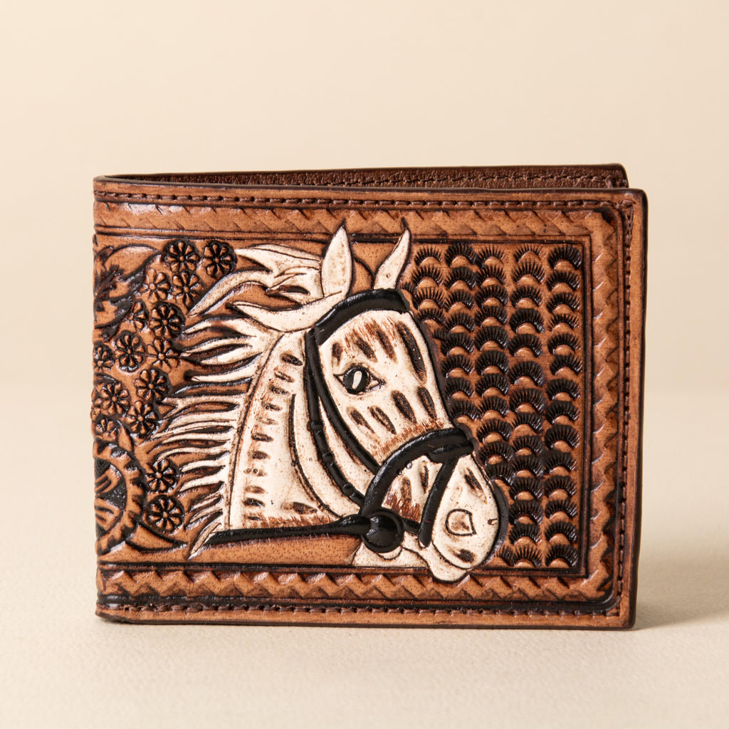 Hand-tooled leather bifold wallet with horse head centerpiece and basket-weave stamping, photo 1