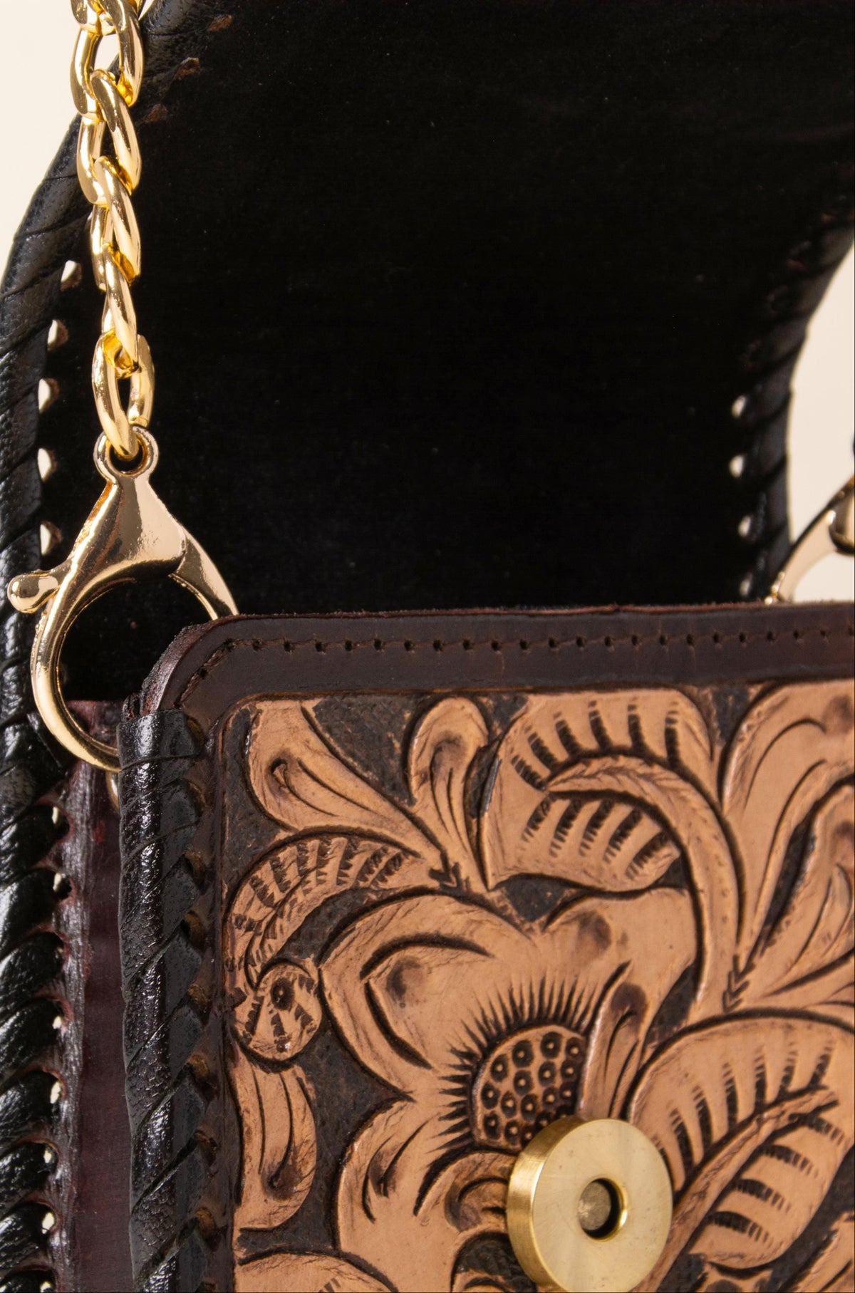 Hand-tooled leather phone bag with western floral design and gold-tone chain strap, photo 8