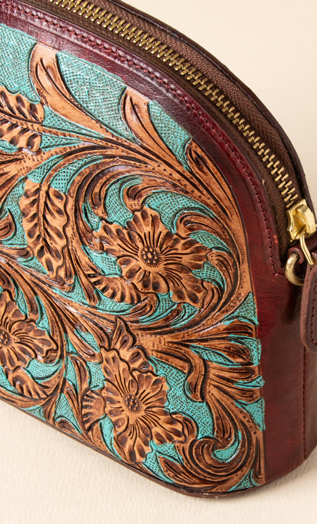 Hand-tooled leather dome crossbody bag with turquoise floral tooling and oxblood trim, photo 5