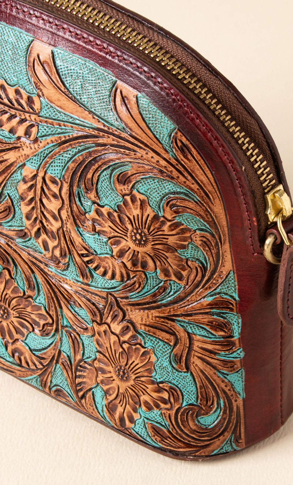 Hand-tooled leather dome crossbody bag with turquoise floral tooling and oxblood trim, photo 5