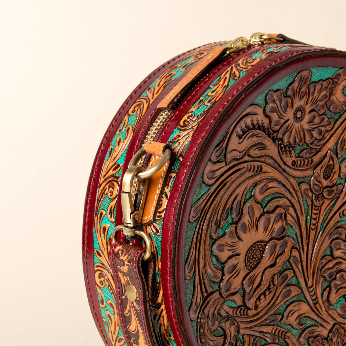 Hand-tooled leather round canteen crossbody bag with turquoise floral scrollwork, photo 5