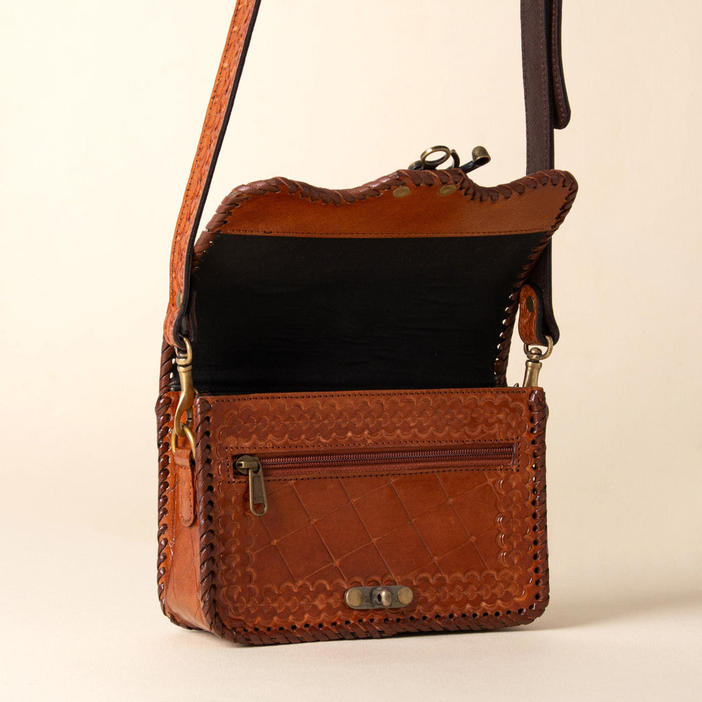 Hand-tooled leather flap crossbody bag with turquoise floral tooling and braided edge, photo 3