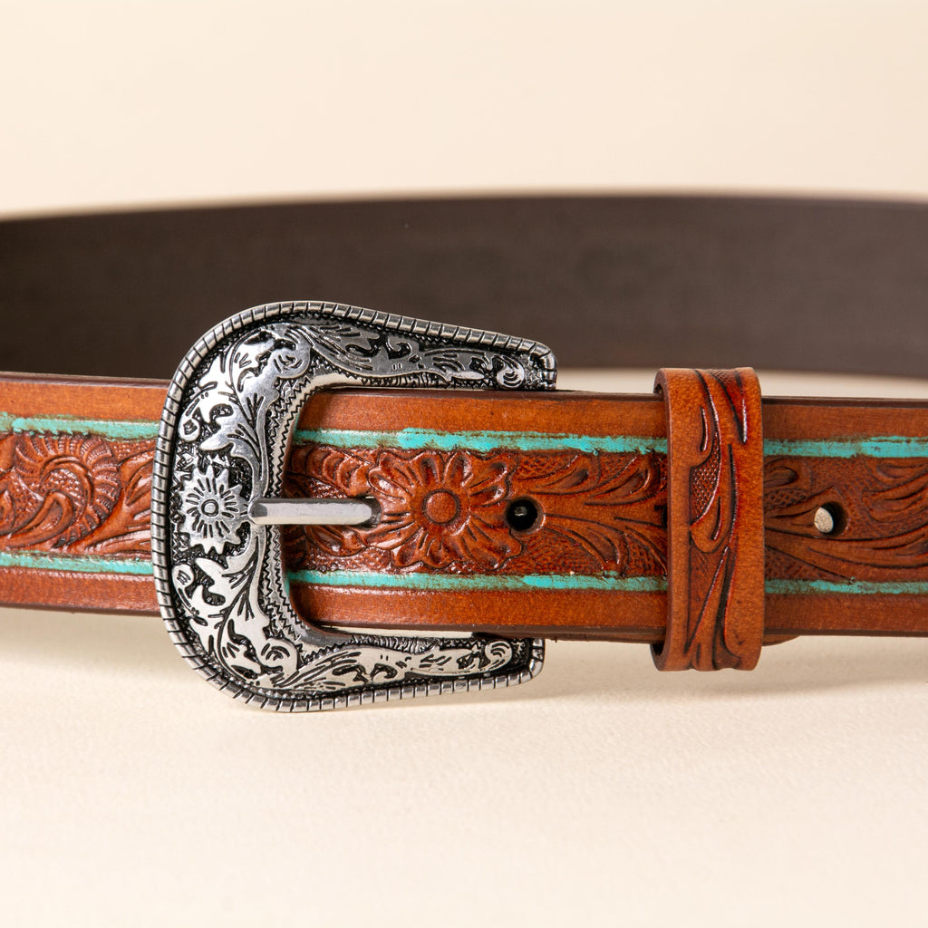 Hand-tooled leather western belt with floral design, turquoise pinstripe and silver buckle, photo 2