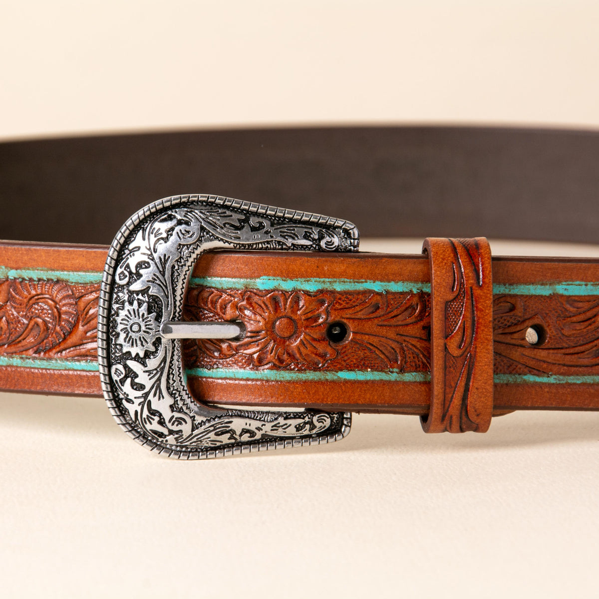 Hand-tooled leather western belt with floral design, turquoise pinstripe and silver buckle, photo 2