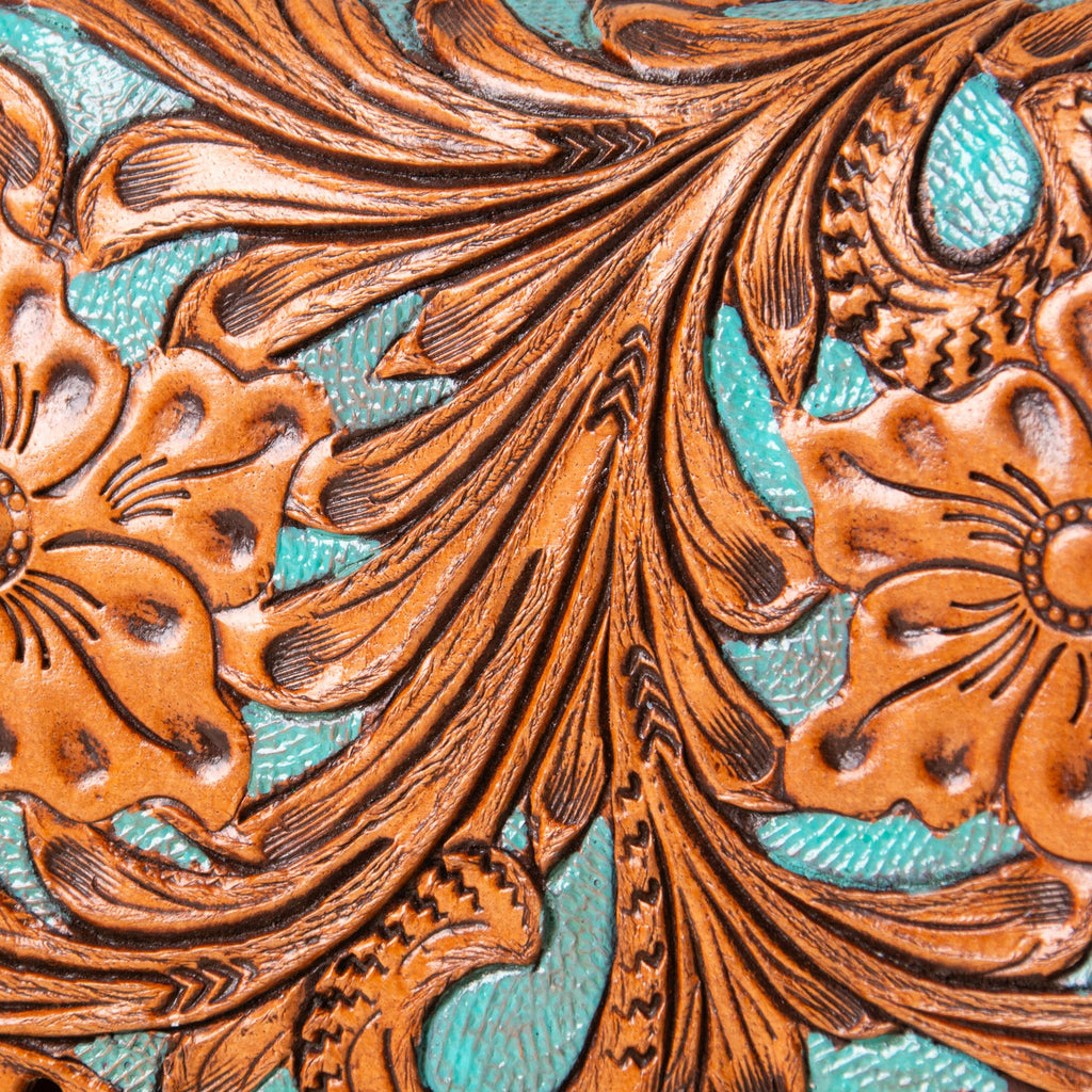 Hand-tooled leather flap crossbody bag with turquoise floral tooling and braided edge, photo 7