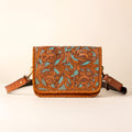 Hand-tooled leather crossbody bag with four floral medallions and braided edge, photo 1