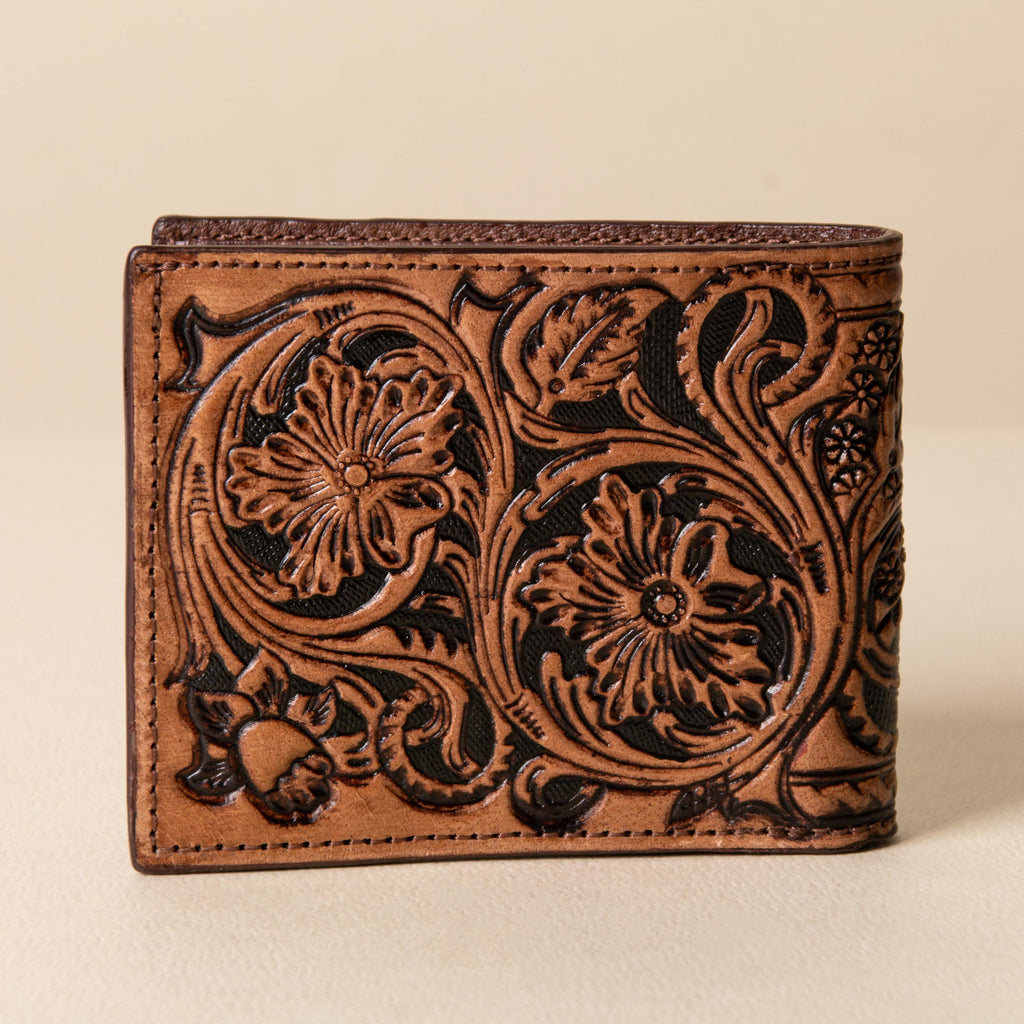Hand-tooled leather bifold wallet with horse head centerpiece and basket-weave stamping, photo 2