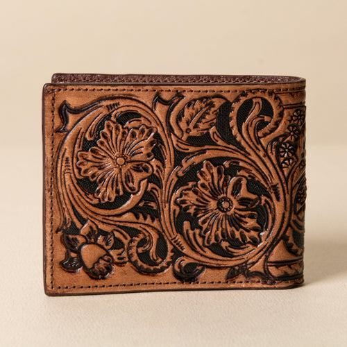 Hand-tooled leather bifold wallet with horse head centerpiece and basket-weave stamping, photo 2