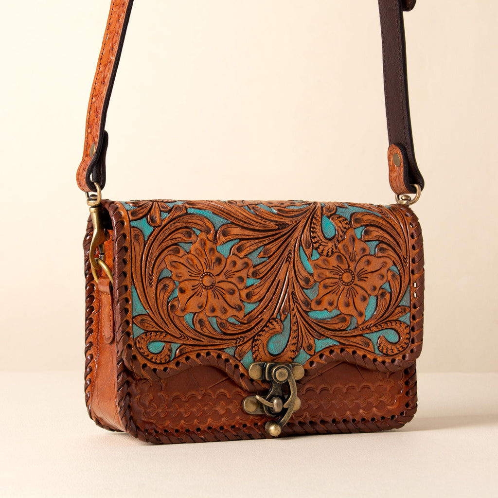 Hand-tooled leather flap crossbody bag with turquoise floral tooling and braided edge, photo 4