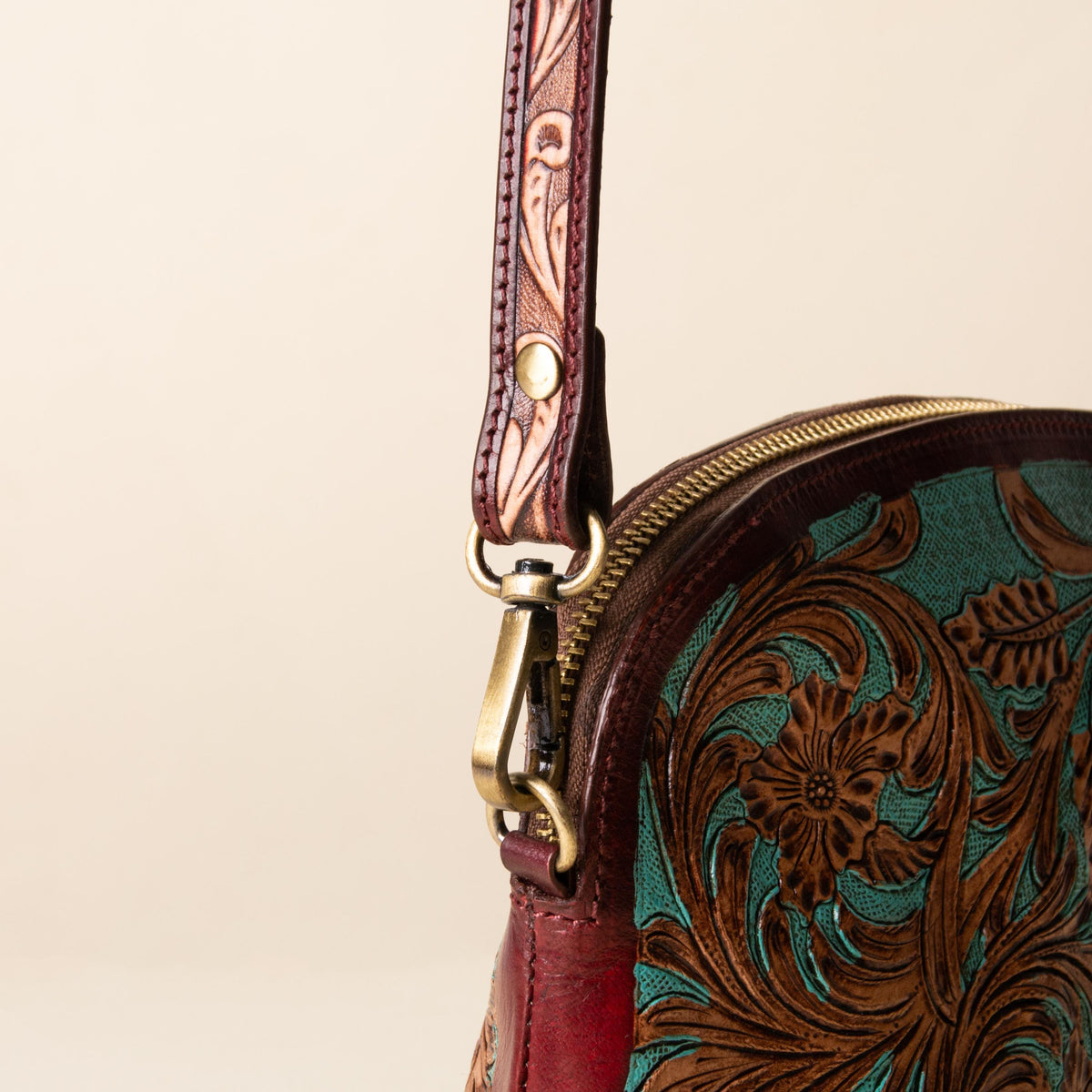 Hand-tooled leather dome crossbody bag with turquoise floral tooling and oxblood trim, photo 4
