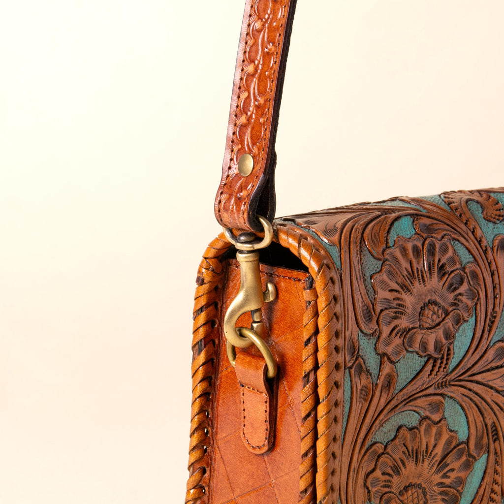 Hand-tooled leather crossbody bag with four floral medallions and braided edge, photo 8
