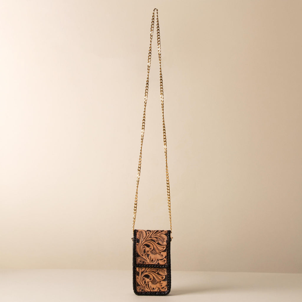 Hand-tooled leather phone bag with western floral design and gold-tone chain strap, photo 5