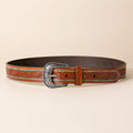 Hand-tooled leather western belt with floral design, turquoise pinstripe and silver buckle, photo 1