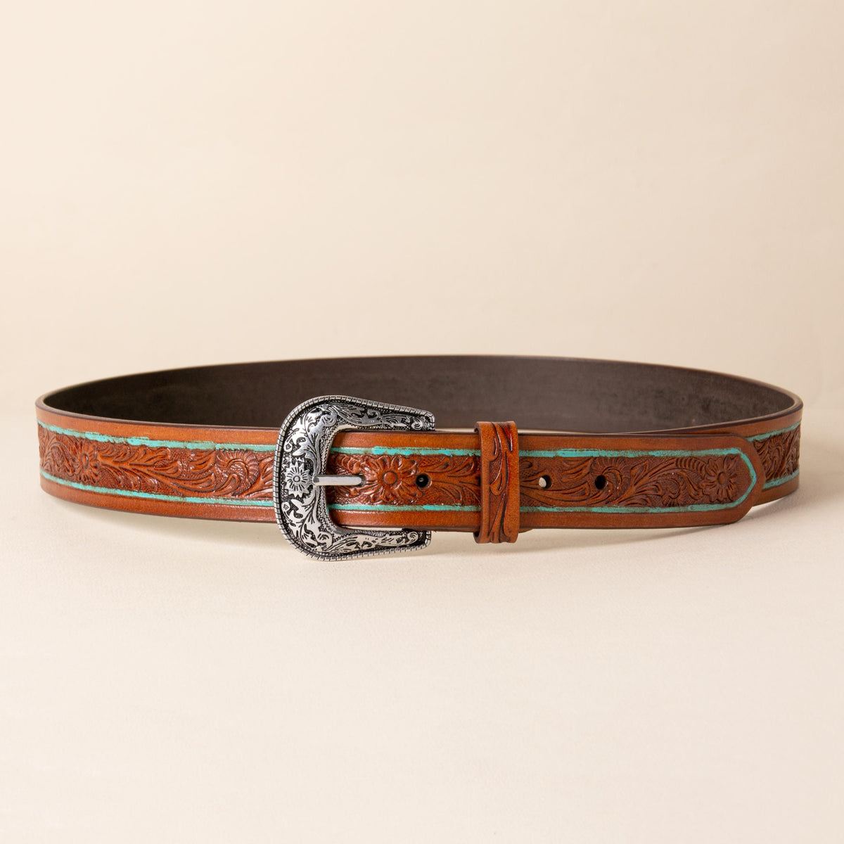 Hand-tooled leather western belt with floral design, turquoise pinstripe and silver buckle, photo 1