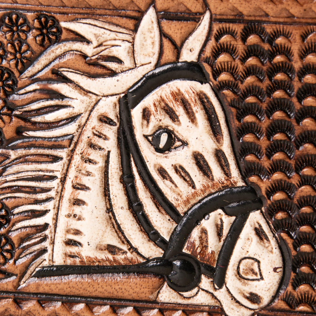 Hand-tooled leather bifold wallet with horse head centerpiece and basket-weave stamping, photo 5