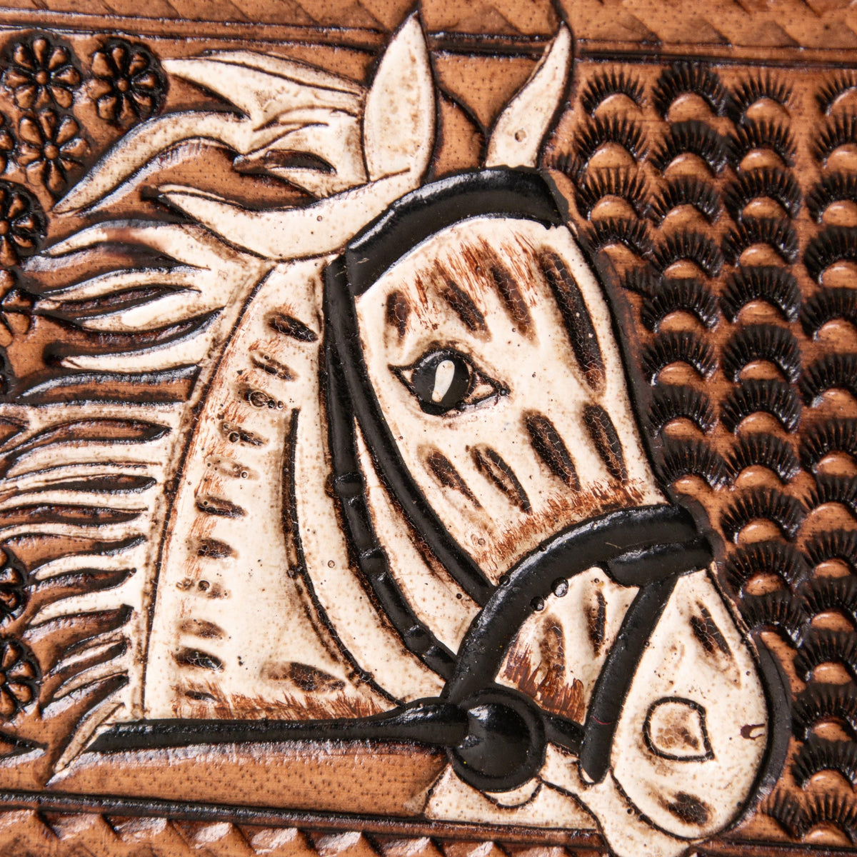 Hand-tooled leather bifold wallet with horse head centerpiece and basket-weave stamping, photo 5