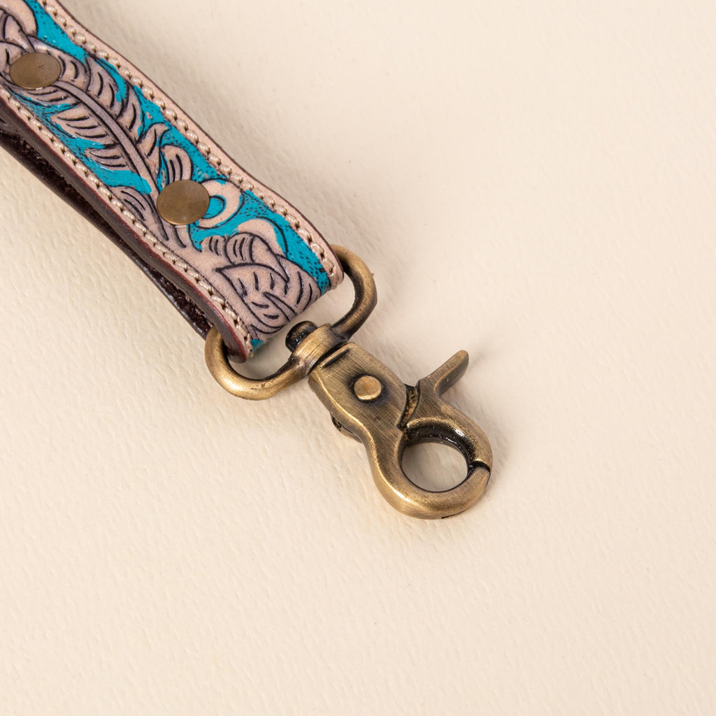 Hand-tooled leather floral keychains with feather, vine and sunflower designs, photo 2