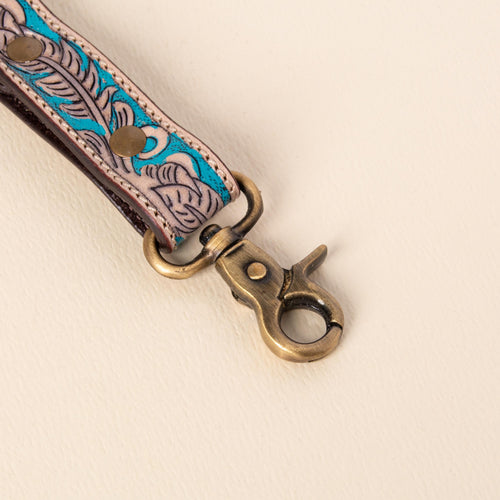 Hand-tooled leather floral keychains with feather, vine and sunflower designs, photo 2