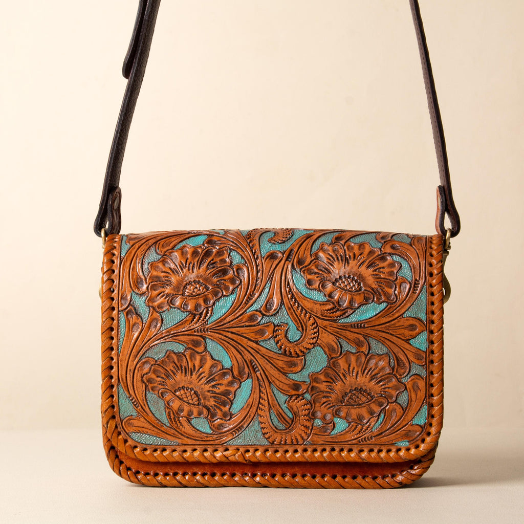 Hand-tooled leather crossbody bag with four floral medallions and braided edge, photo 5
