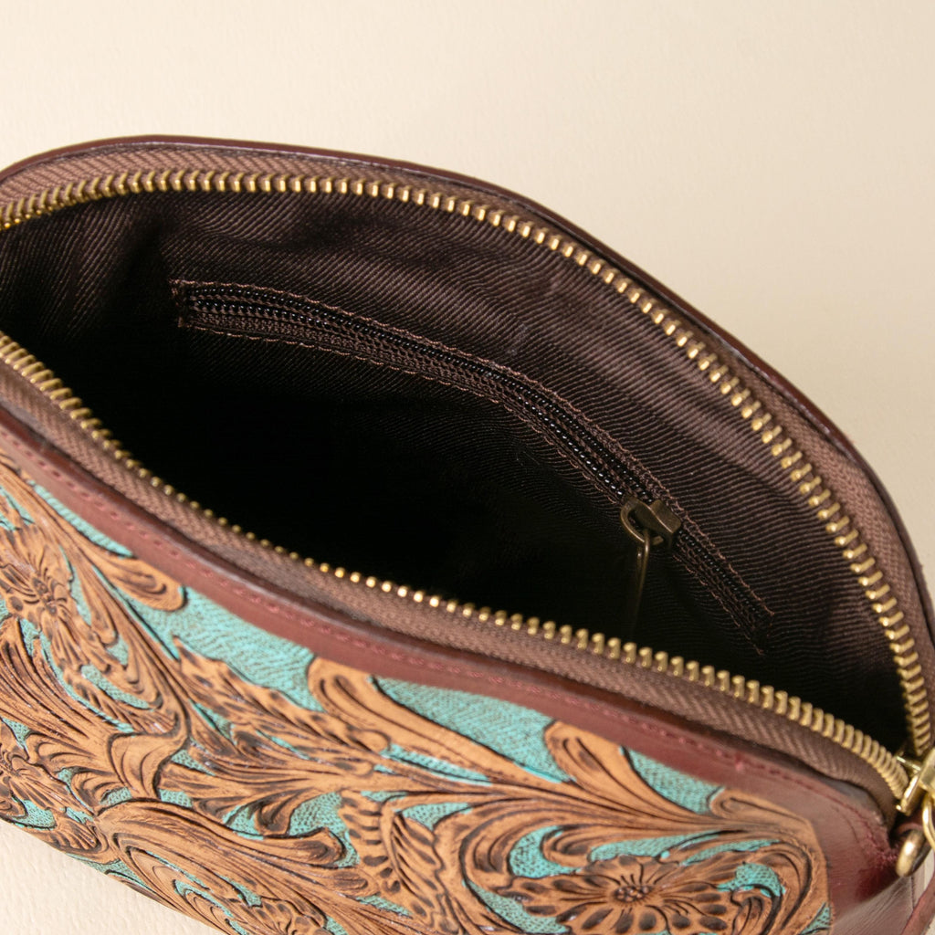 Hand-tooled leather dome crossbody bag with turquoise floral tooling and oxblood trim, photo 2
