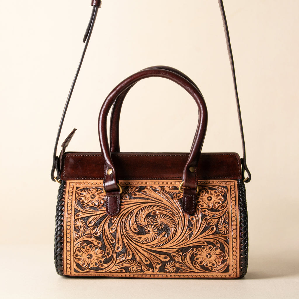 Hand Tooled Leather Tote Bag, Double Handle Western Satchel, Floral Carryall, Gift for Her