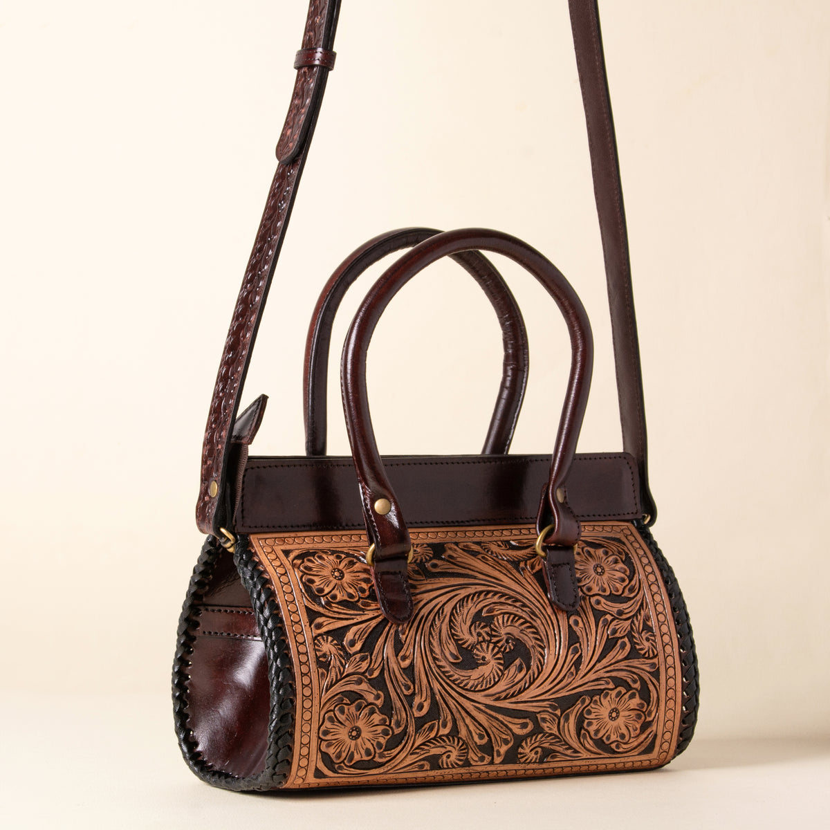Hand Tooled Leather Tote Bag, Double Handle Western Satchel, Floral Carryall, Gift for Her