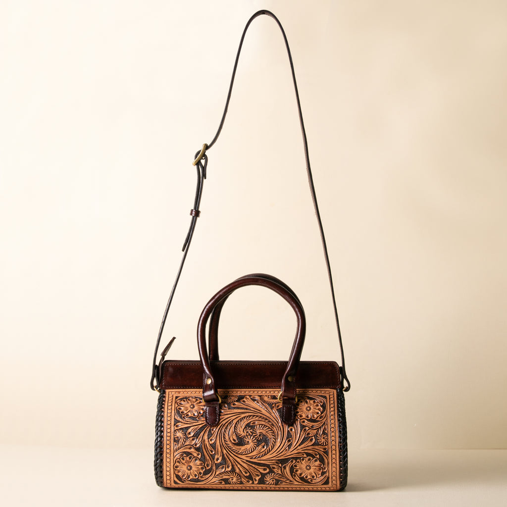 Hand Tooled Leather Tote Bag, Double Handle Western Satchel, Floral Carryall, Gift for Her