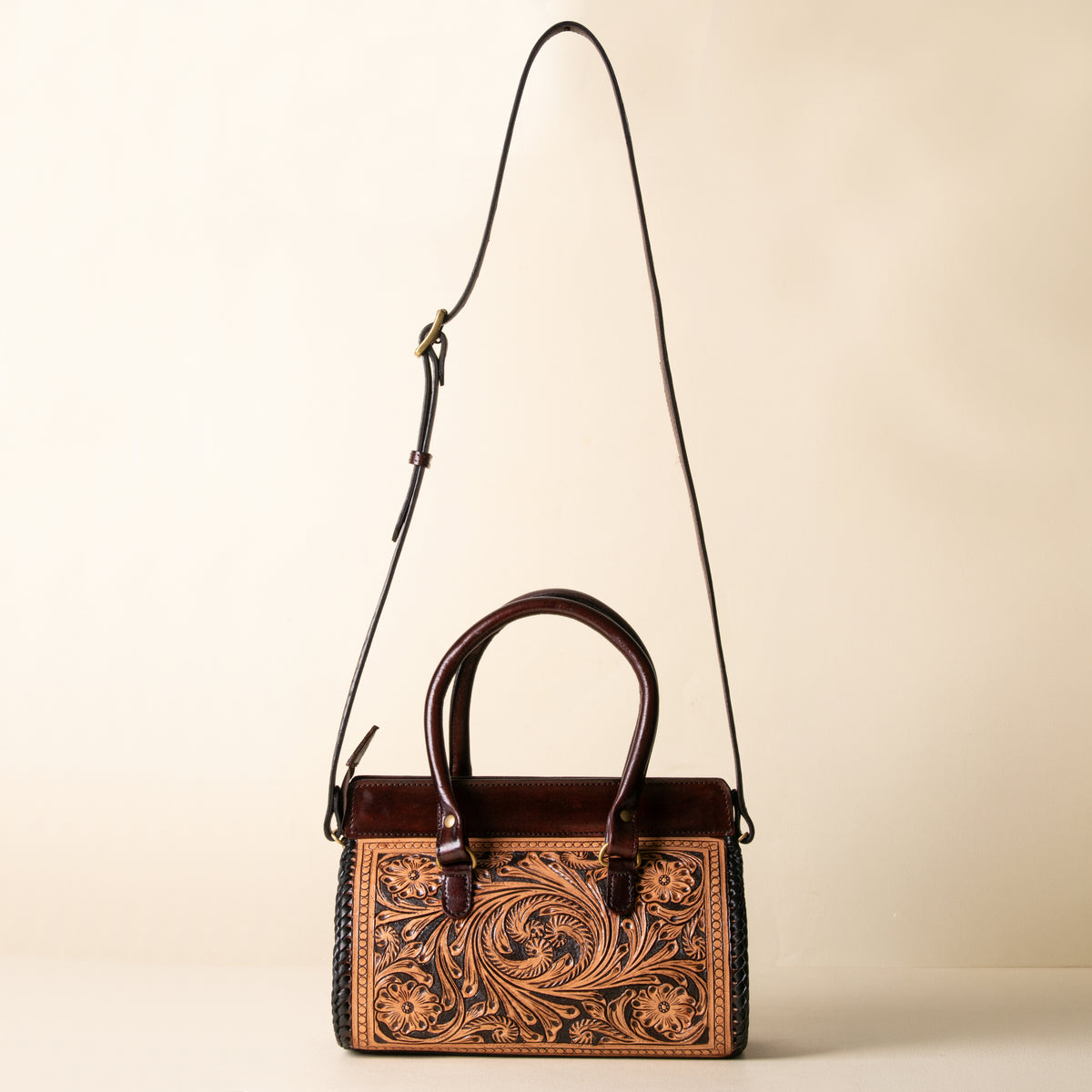 Hand Tooled Leather Tote Bag, Double Handle Western Satchel, Floral Carryall, Gift for Her