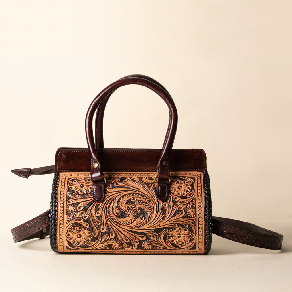 Hand Tooled Leather Tote Bag, Double Handle Western Satchel, Floral Carryall, Gift for Her