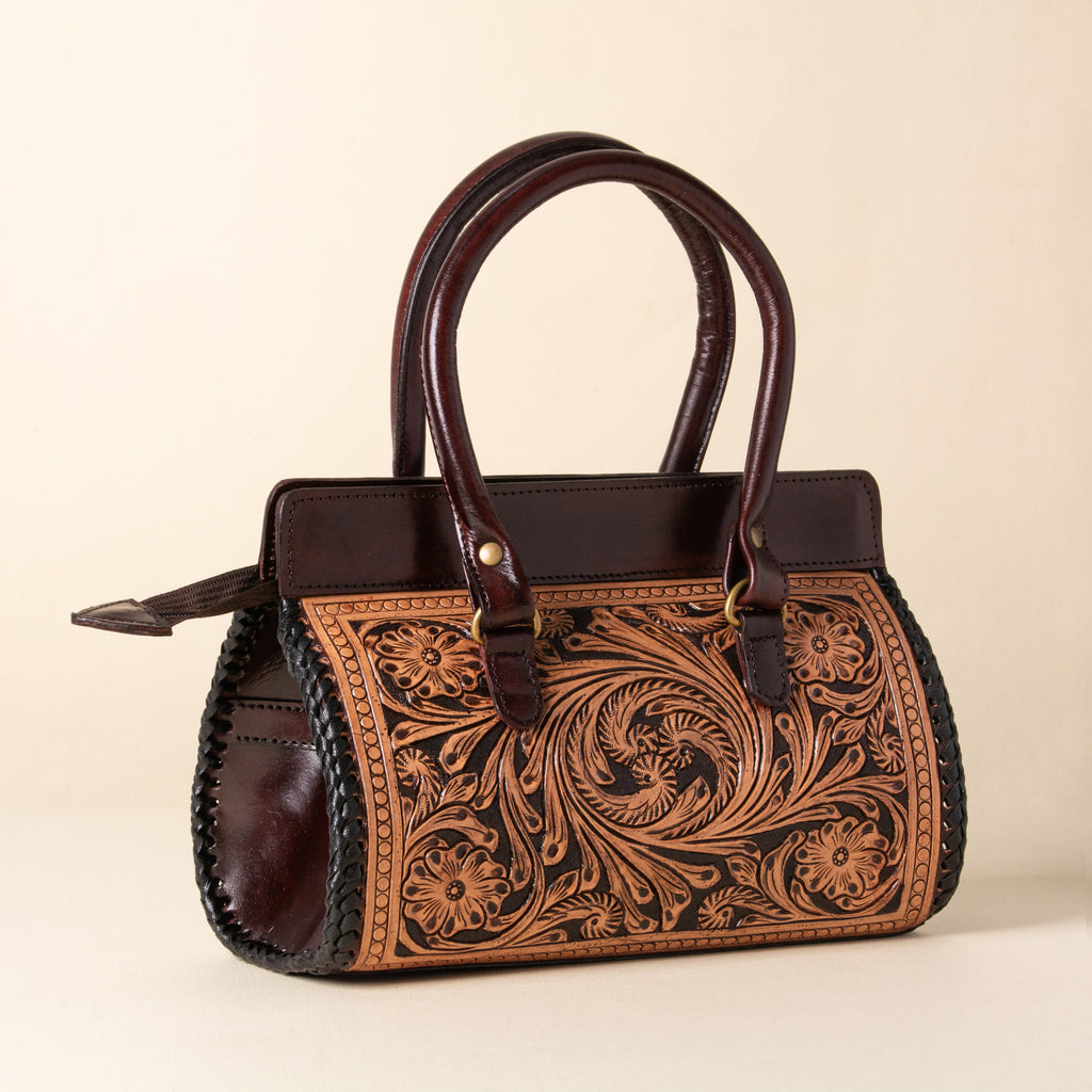 Hand Tooled Leather Tote Bag, Double Handle Western Satchel, Floral Carryall, Gift for Her