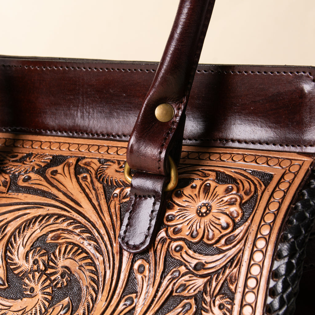 Hand Tooled Leather Tote Bag, Double Handle Western Satchel, Floral Carryall, Gift for Her