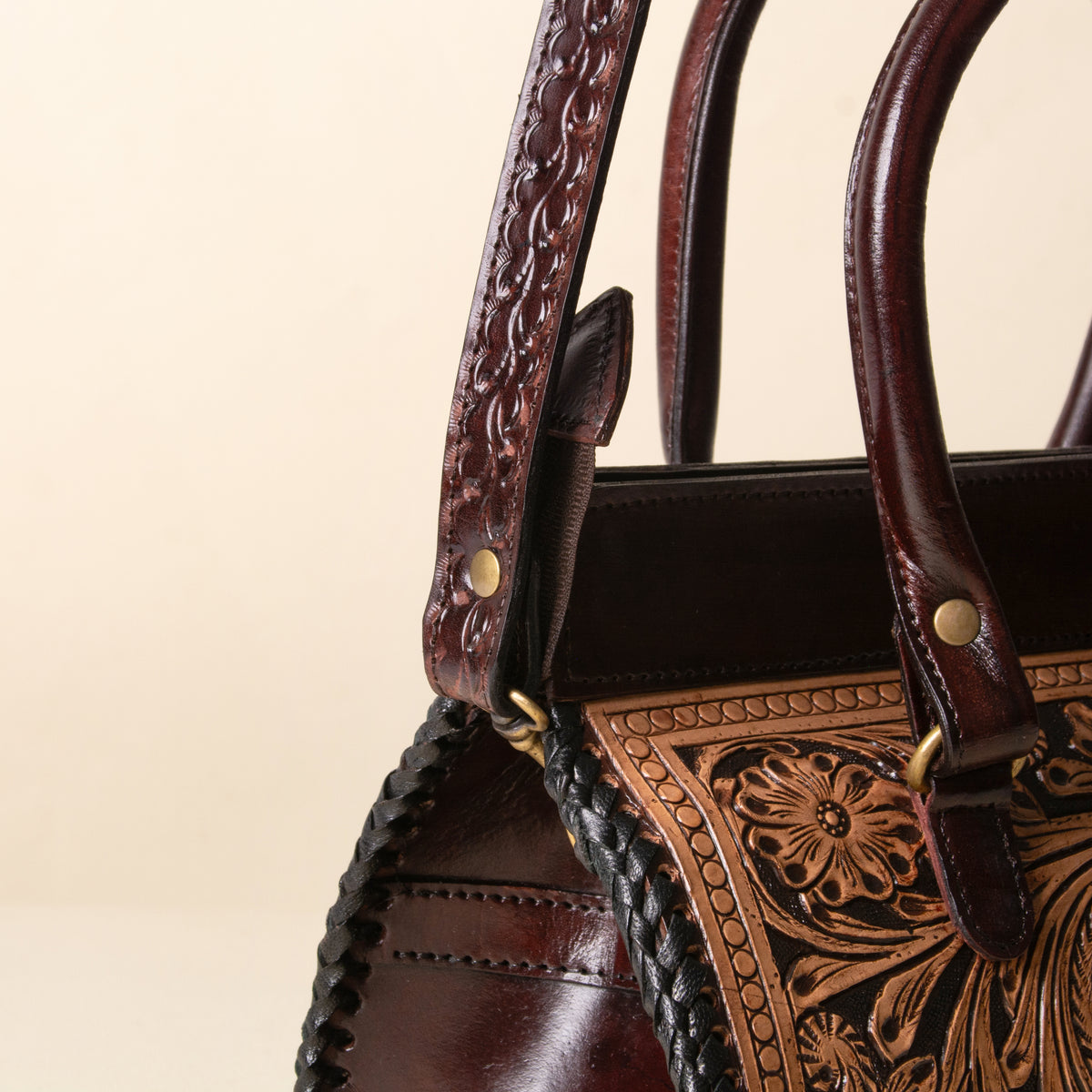 Hand Tooled Leather Tote Bag, Double Handle Western Satchel, Floral Carryall, Gift for Her