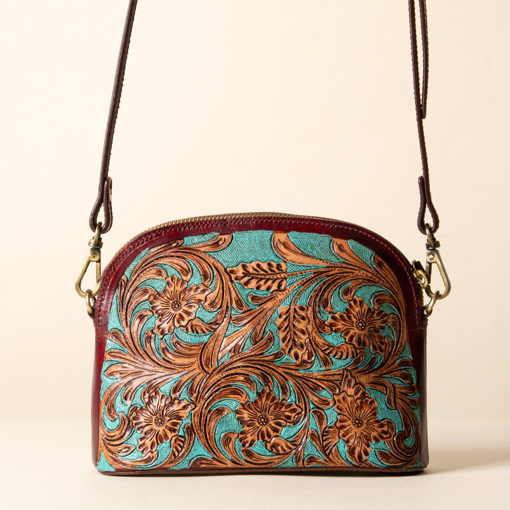 Hand-tooled leather dome crossbody bag with turquoise floral tooling and oxblood trim, photo 7