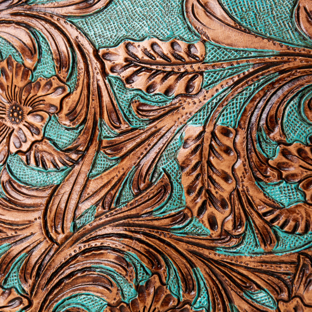 Hand-tooled leather dome crossbody bag with turquoise floral tooling and oxblood trim, photo 3