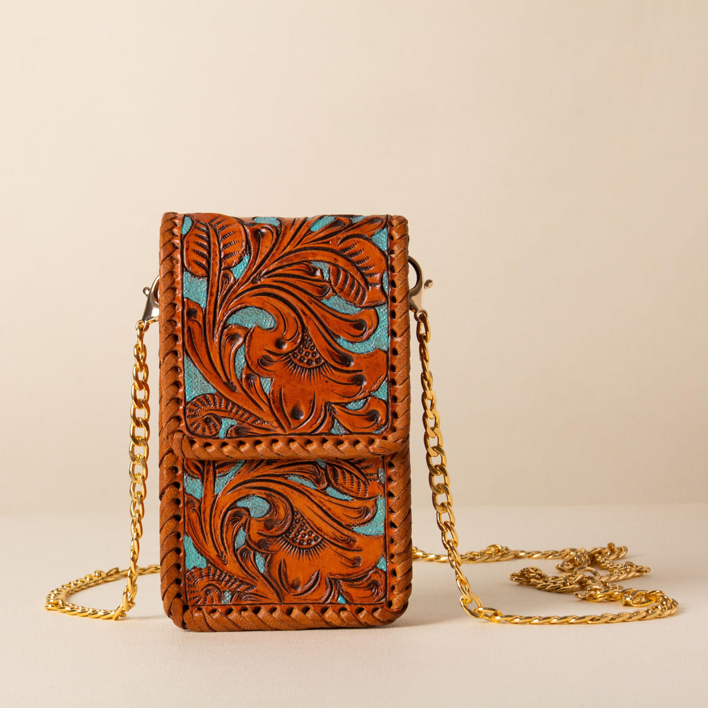 Hand-tooled leather phone bag with western floral design and gold-tone chain strap, photo 2