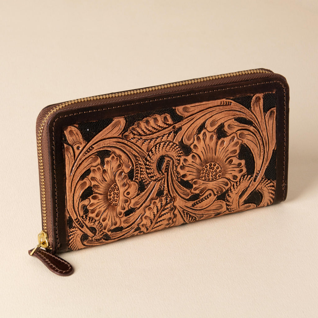 Hand-tooled leather zip-around wallet with cognac floral scrollwork on black leather, photo 3