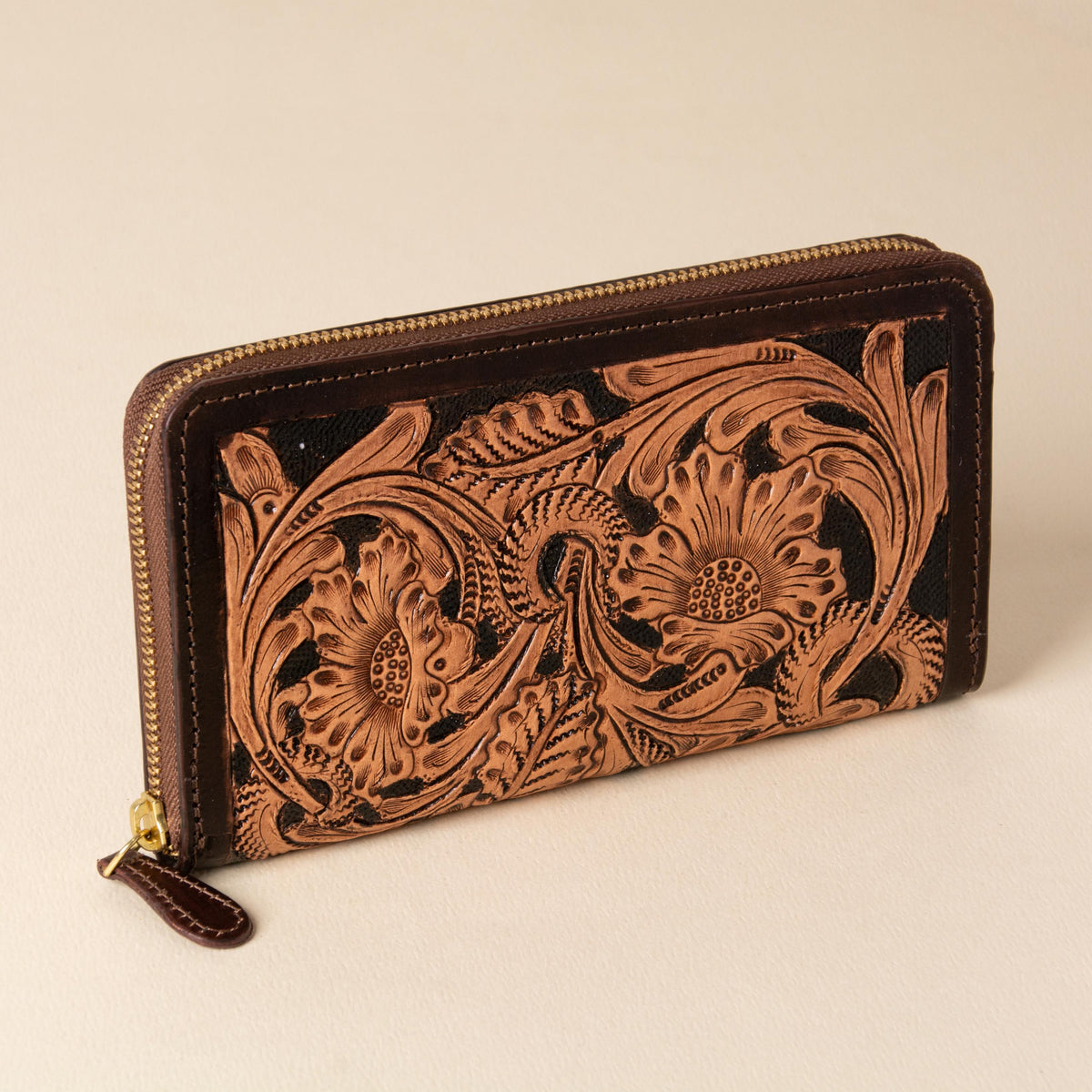 Hand-tooled leather zip-around wallet with cognac floral scrollwork on black leather, photo 3