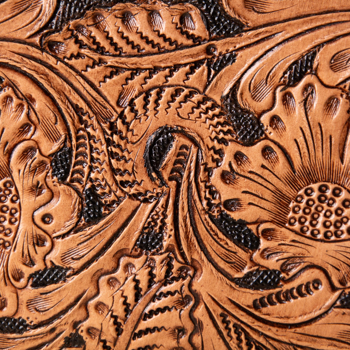 Hand-tooled leather zip-around wallet with cognac floral scrollwork on black leather, photo 8