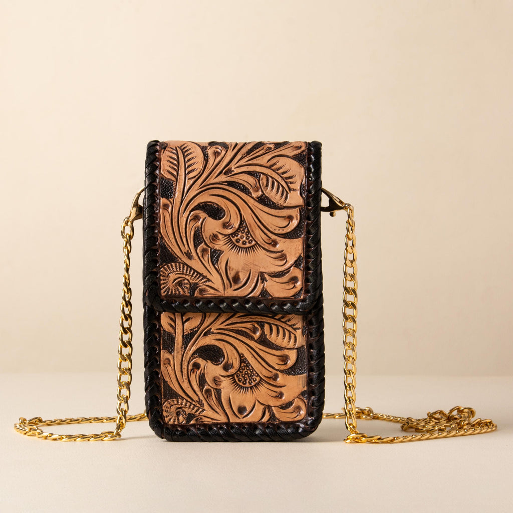 Hand-tooled leather phone bag with western floral design and gold-tone chain strap, photo 1