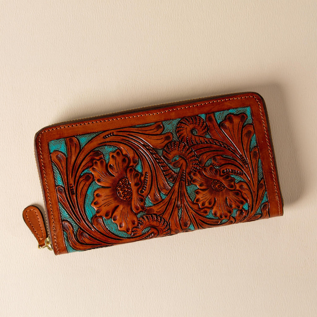 Hand-tooled leather zip-around wallet with cognac floral scrollwork on black leather, photo 10