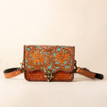 Hand-tooled leather flap crossbody bag with turquoise floral tooling and braided edge, photo 1