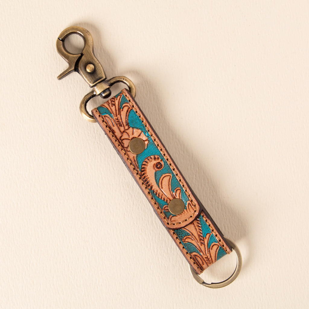 Hand-tooled leather floral keychains with feather, vine and sunflower designs, photo 10